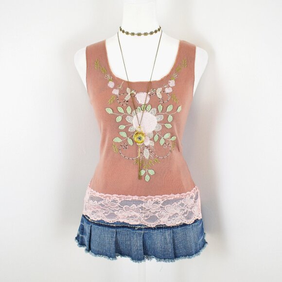 VTG 00s Y2K Alain Manoukian Tan Brown Floral Embellished Pink Lace Trim Tank Top - Picture 1 of 8